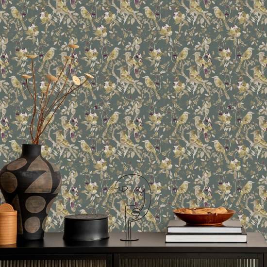 Garden Birds Sage Green Bird Wallpaper