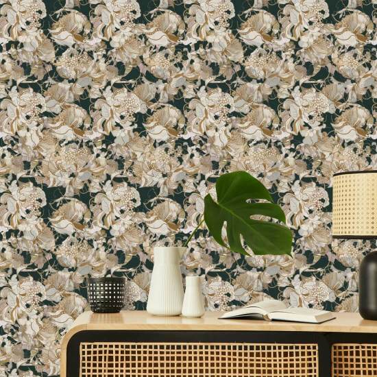 Fard Peony Dark Botanical Carta da parati astratta