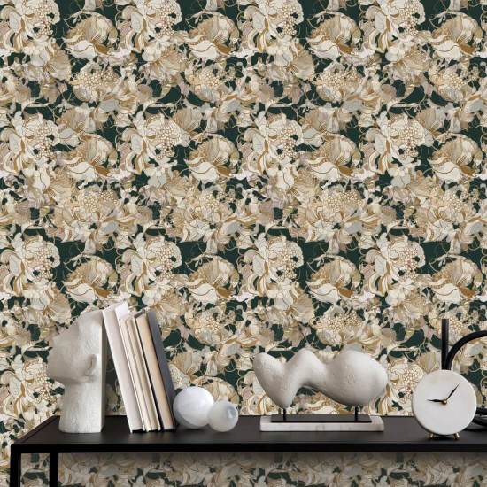 Peony Blush Dark Botanical Abstract Wallpaper