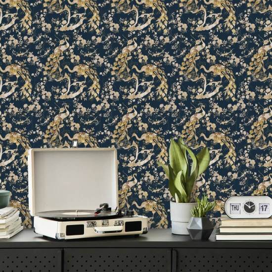 Vintage Peacock Navy Peacock behang