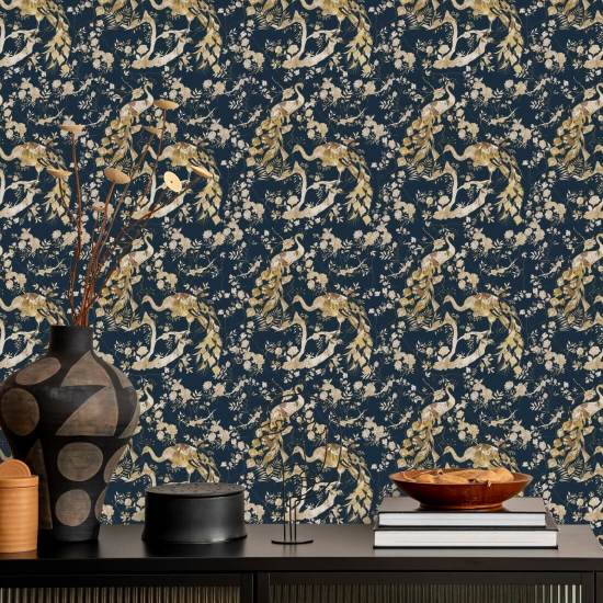 Vintage Peacock Navy Pfauen-Tapete