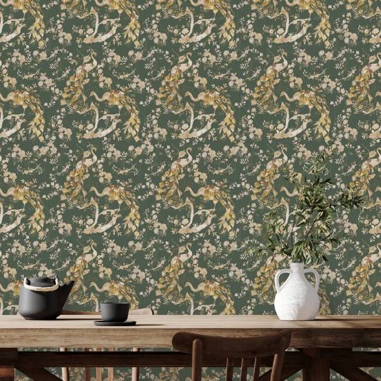 Pavone Vintage Verde Oliva Carta da parati Peacock