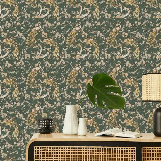 Vintage Peacock Olive Green Peacock Wallpaper