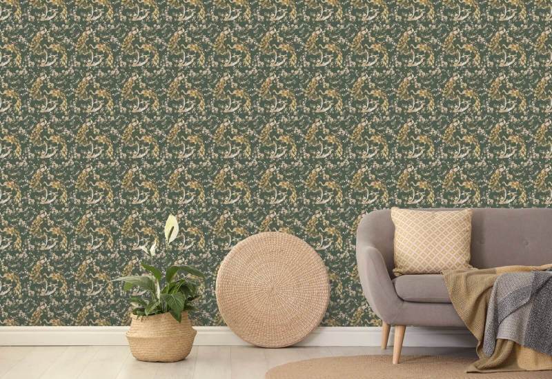 Pavone Vintage Verde Oliva Carta da parati Peacock