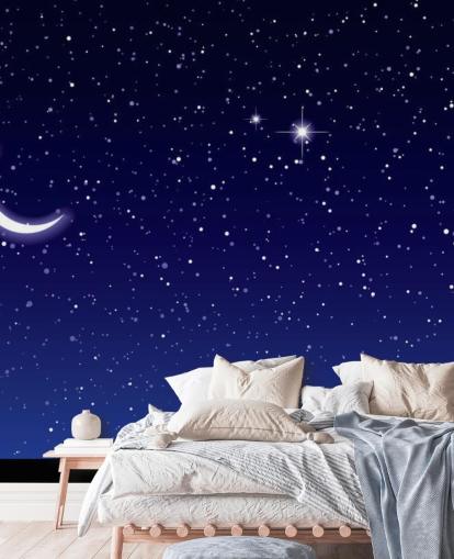 Mural de pared Luna creciente y estrellas sobre cielo azul marino Mural de pared Luna creciente y estrellas sobre cielo azul marino