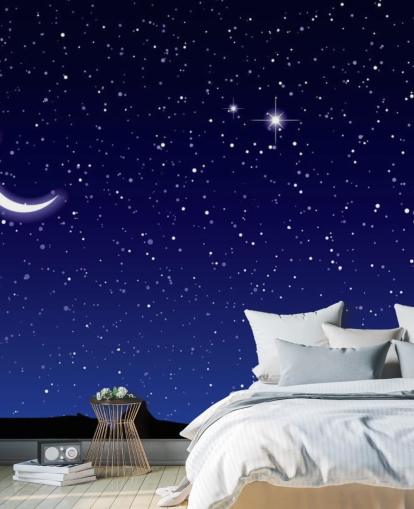 Decorazione murale con luna crescente e stelle su cielo blu navy Decorazione murale con luna crescente e stelle su cielo blu navy