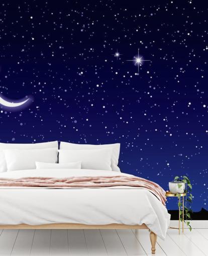 Puolikuu ja tähdet tummansinisen taivaan seinämaalauksella