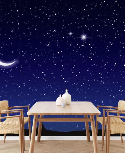Crescent Moon and Stars on Navy Blue Sky Wall Mural
