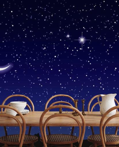 Mural de pared Luna creciente y estrellas sobre cielo azul marino