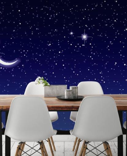 Mural de pared Luna creciente y estrellas sobre cielo azul marino
