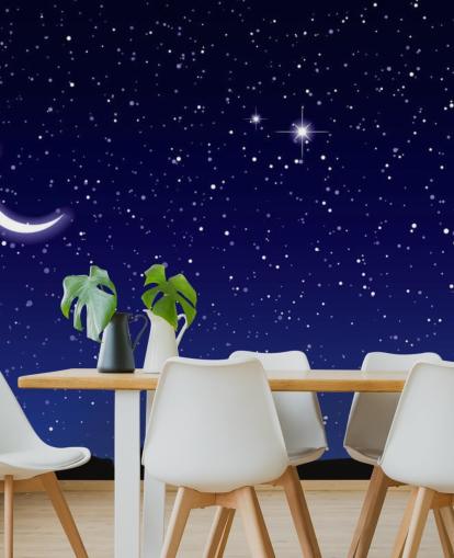 Crescent Moon and Stars on Navy Blue Sky Wall Mural