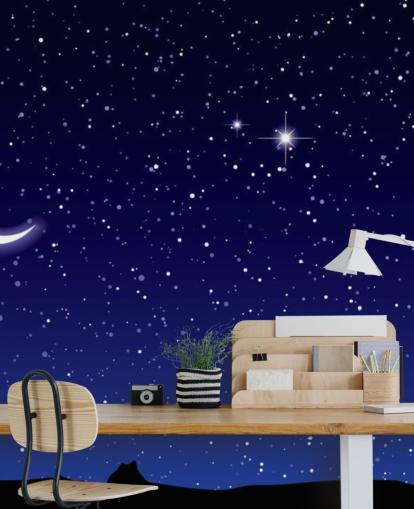 Lua crescente e estrelas no mural da parede do céu azul marinho Lua crescente e estrelas no mural da parede do céu azul marinho