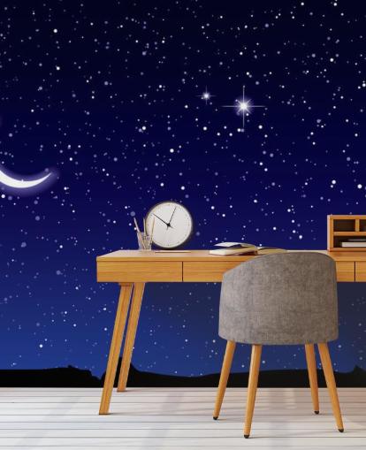 Crescent Moon and Stars on Navy Blue Sky Wall Mural