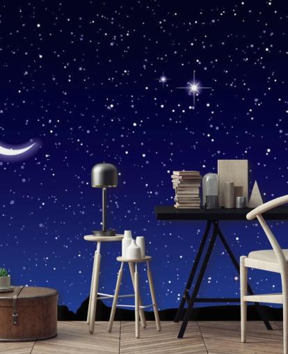 Crescent Moon and Stars on Navy Blue Sky Wall Mural Crescent Moon and Stars on Navy Blue Sky Wall Mural