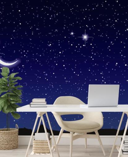 Papier Peint Fresque Croissant de Lune et étoiles sur ciel bleu marine