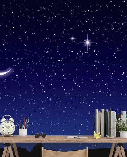 Mural de pared Luna creciente y estrellas sobre cielo azul marino