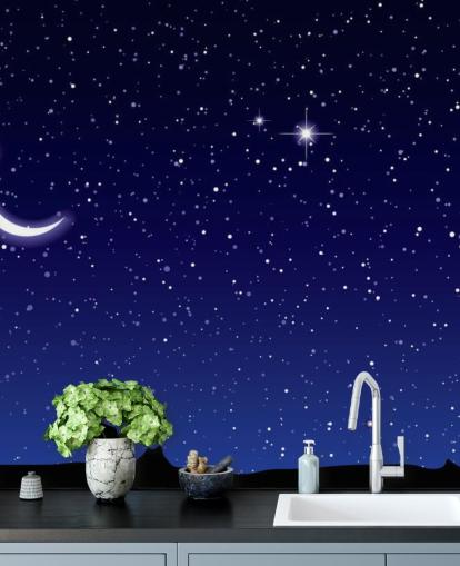 Crescent Moon and Stars on Navy Blue Sky Wall Mural Crescent Moon and Stars on Navy Blue Sky Wall Mural
