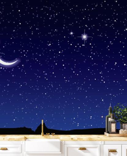 Crescent Moon and Stars on Navy Blue Sky Wall Mural