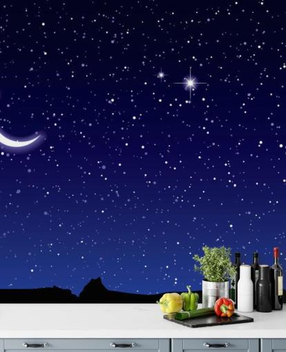 Crescent månen och stjärnor på marinblå Sky väggmålning