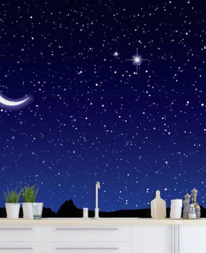 Crescent Moon and Stars on Navy Blue Sky Wall Mural
