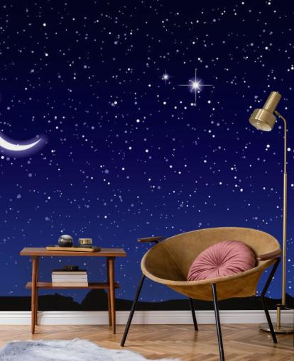 Mural de pared Luna creciente y estrellas sobre cielo azul marino