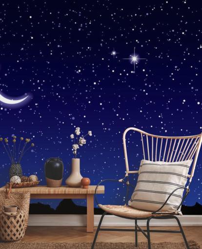 Lua crescente e estrelas no mural da parede do céu azul marinho