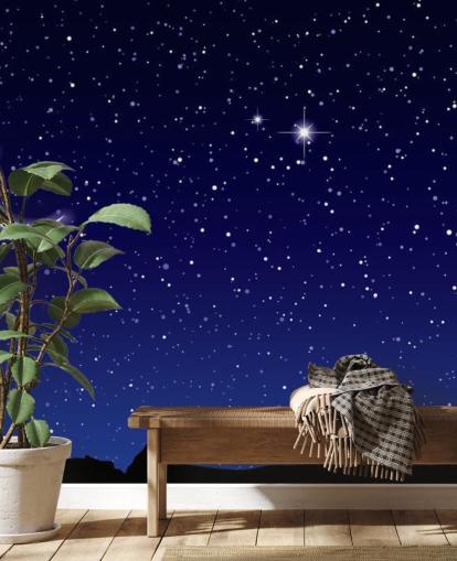 Crescent Moon and Stars on Navy Blue Sky Wall Mural Crescent Moon and Stars on Navy Blue Sky Wall Mural