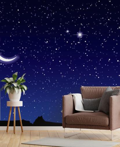 Lua crescente e estrelas no mural da parede do céu azul marinho