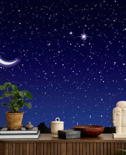 Crescent Moon and Stars on Navy Blue Sky Wall Mural