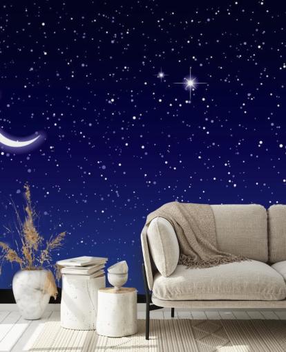 Crescent Moon and Stars on Navy Blue Sky Wall Mural Crescent Moon and Stars on Navy Blue Sky Wall Mural