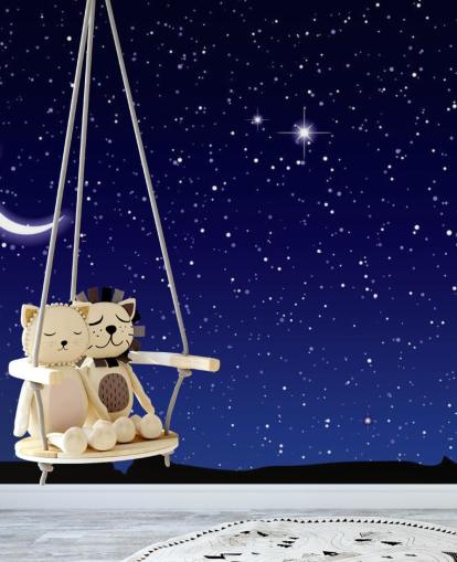 Mural de pared Luna creciente y estrellas sobre cielo azul marino