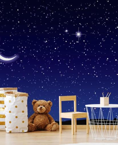 Crescent Moon and Stars on Navy Blue Sky Wall Mural