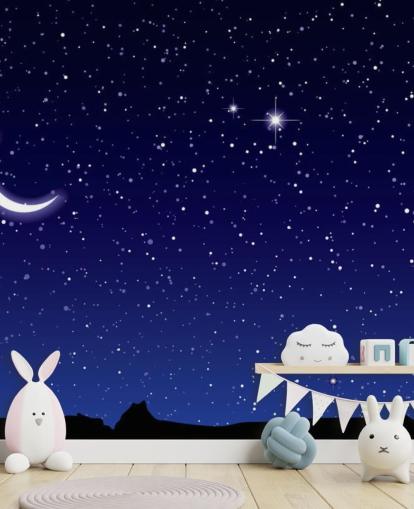 Papier Peint Fresque Croissant de Lune et étoiles sur ciel bleu marine