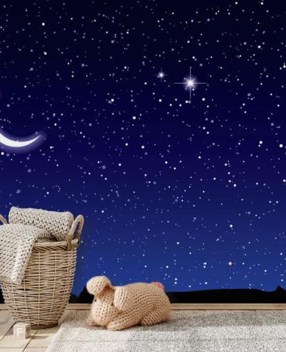 Crescent Moon and Stars on Navy Blue Sky Wall Mural Crescent Moon and Stars on Navy Blue Sky Wall Mural