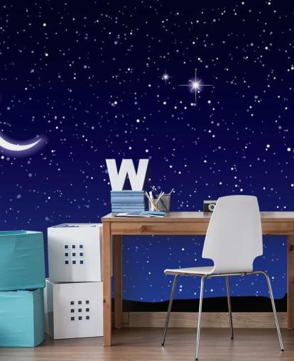 Mural de pared Luna creciente y estrellas sobre cielo azul marino