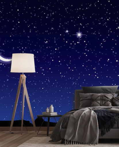 Crescent Moon and Stars on Navy Blue Sky Wall Mural