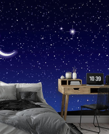 Decorazione murale con luna crescente e stelle su cielo blu navy