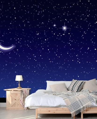 Papier Peint Fresque Croissant de Lune et étoiles sur ciel bleu marine