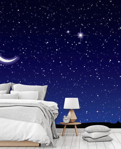 Halvmåne og stjerner på marineblå himmelveggmaleri