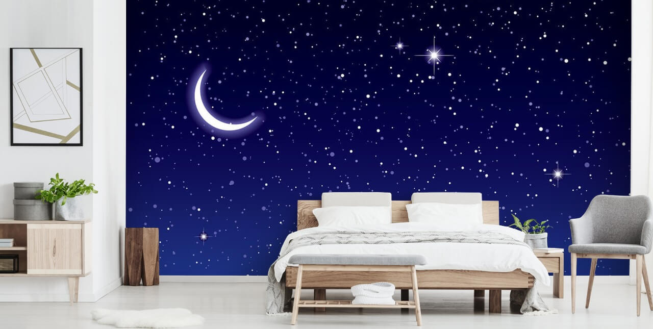 Halvmåne og stjerner på marineblå himmelveggmaleri
