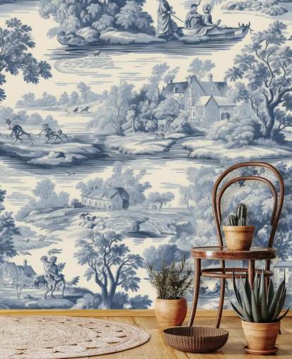 grey and white vintage wall mural called Toile Style Landscape for living rooms, dining rooms and hallways grey and white vintage wall mural called Toile Style Landscape for living rooms, dining rooms and hallways