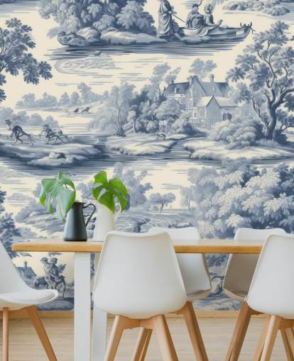 mural de parede vintage cinza e branco chamado Toile Style Landscape para salas de estar, salas de jantar e corredores mural de parede vintage cinza e branco chamado Toile Style Landscape para salas de estar, salas de jantar e corredores