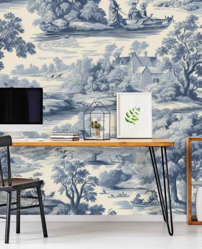 grey and white vintage wall mural called Toile Style Landscape for living rooms, dining rooms and hallways