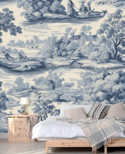 murale vintage grigio e bianco chiamato Toile Style Landscape per salotti, sale da pranzo e corridoi murale vintage grigio e bianco chiamato Toile Style Landscape per salotti, sale da pranzo e corridoi