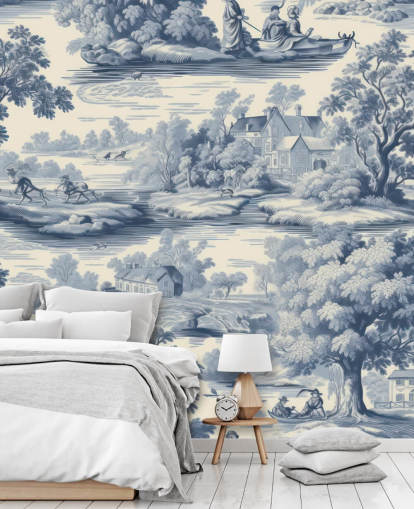 gray and white vintage wall mural called Toile Style Landscape for living rooms, dining rooms and hallways gray and white vintage wall mural called Toile Style Landscape for living rooms, dining rooms and hallways