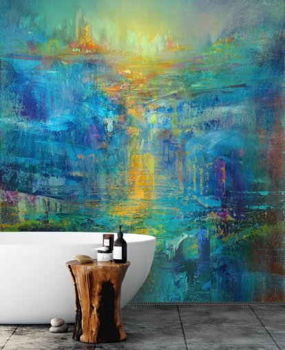 custom blue abstract mural called A New Day on the Horizon by Annette Schmucker