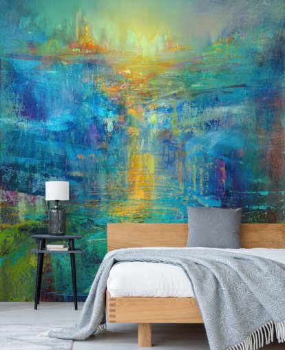 murale astratto blu personalizzato chiamato A New Day on the Horizon di Annette Schmucker