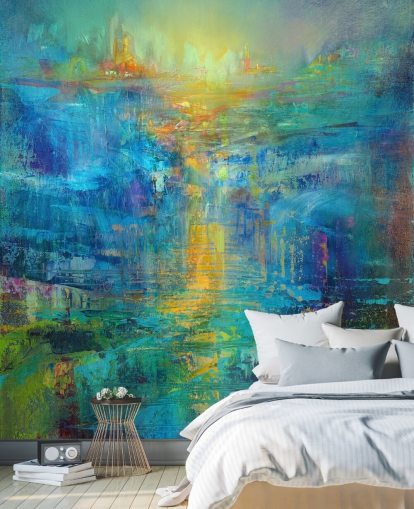 custom blue abstract mural called A New Day on the Horizon by Annette Schmucker