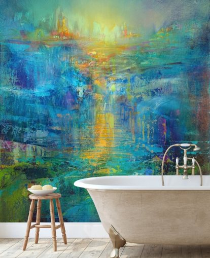 custom blue abstract mural called A New Day on the Horizon by Annette Schmucker