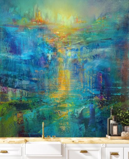 mural abstrato azul personalizado chamado Um novo dia no horizonte, de Annette Schmucker mural abstrato azul personalizado chamado Um novo dia no horizonte, de Annette Schmucker